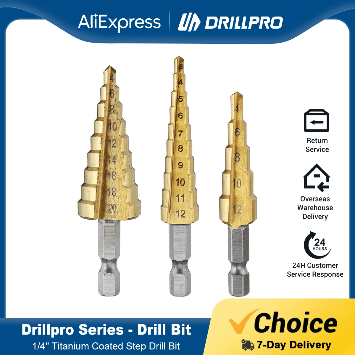 Drillpro-HSS Titanium Coated Step Drill Bit, Aço de alta velocidade, Metal, Cortador de madeira, Cone Drilling Tool, 3Pcs, 3-12, 4-12, 4-20mm, PCes 3