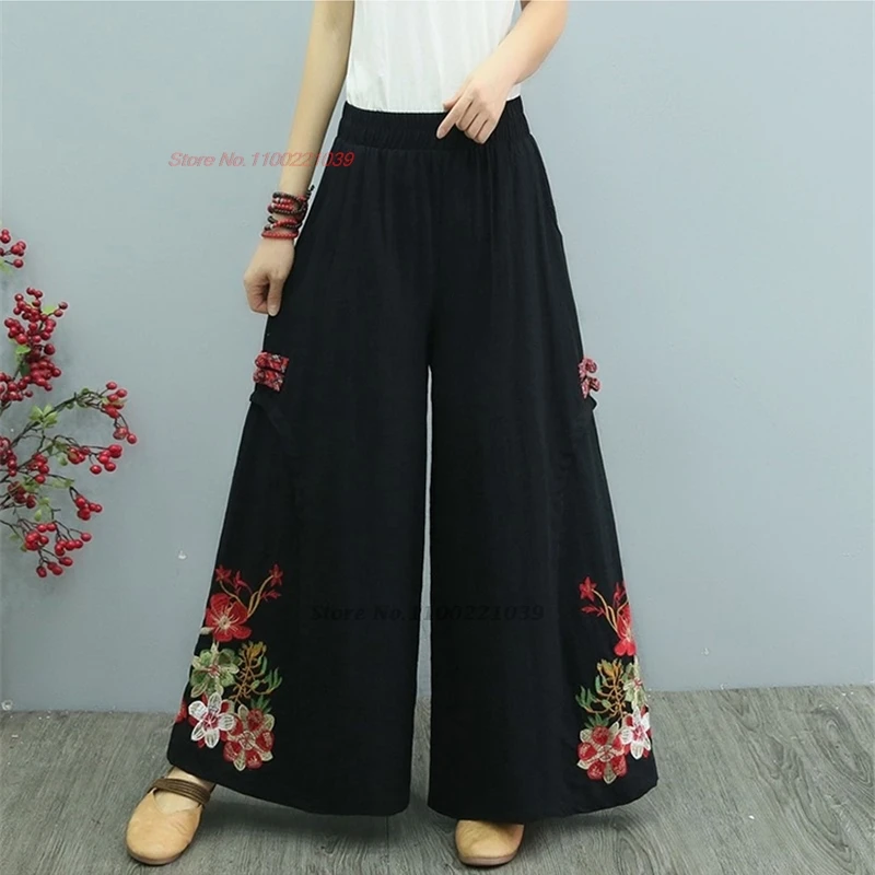 2024 chinese vintage cotton linen pants traditional ethnic elastic waist folk pants national flower embroidery wide leg trousers