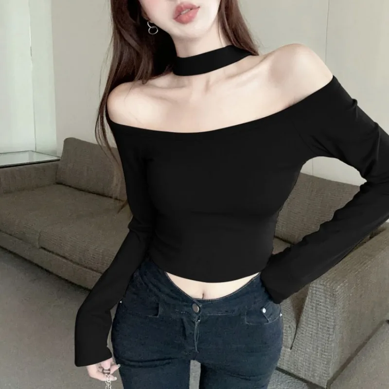 Off-shoulder T-shirts Women Halter Slim Sexy Girl Hotsweet Cropped Tops Y2k Clothes Korean Fashion Streetwear Designed Aesthetic