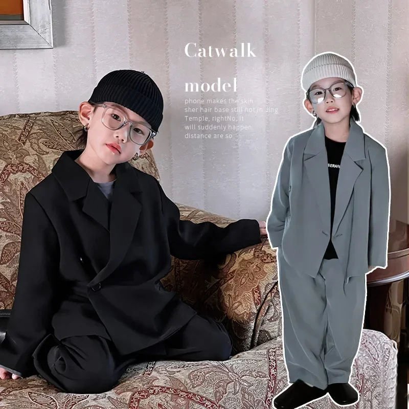 Suit for Boys Grey Casual Flower Child Wedding Costume Handsome Teens School Uniform Blazers Clothes Set Kids Jazz Dance Outfits