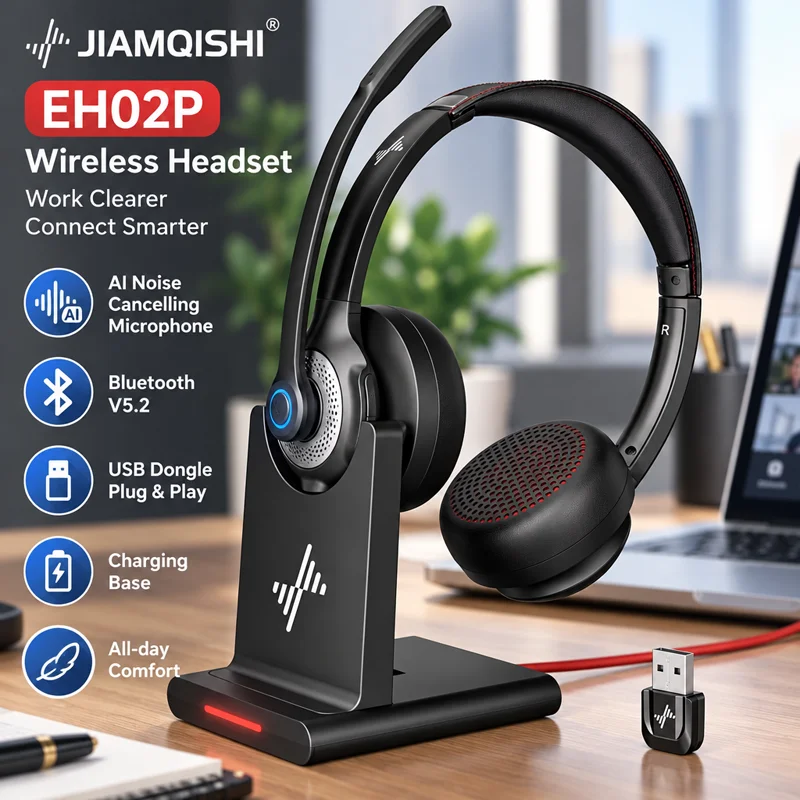 JIAMQISHI EH02P Wireless Headset with AI Noise Cancelling Microphone Headphones Bluetooth V5.2 with USB Dongle,Charging Base