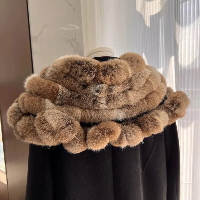 True Rabbit Fur Triangle Shawl Fashionable Winter Warm Hare Fur Scarf Cape Pom Pom Natural Women Real Fur Shawl Autumn Winter