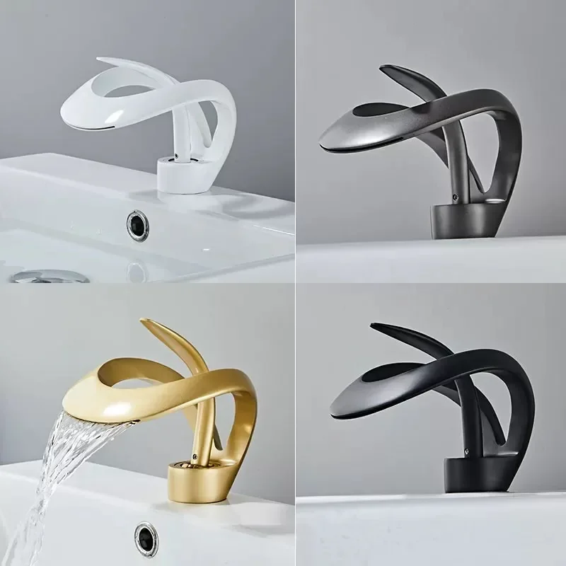 

Creative Matte Golden Bathroom Basin Faucet Black Waterfall Vessel Sink Faucet Brass Vanity Sink Mixer Tap Hot Cold Basin Faucet