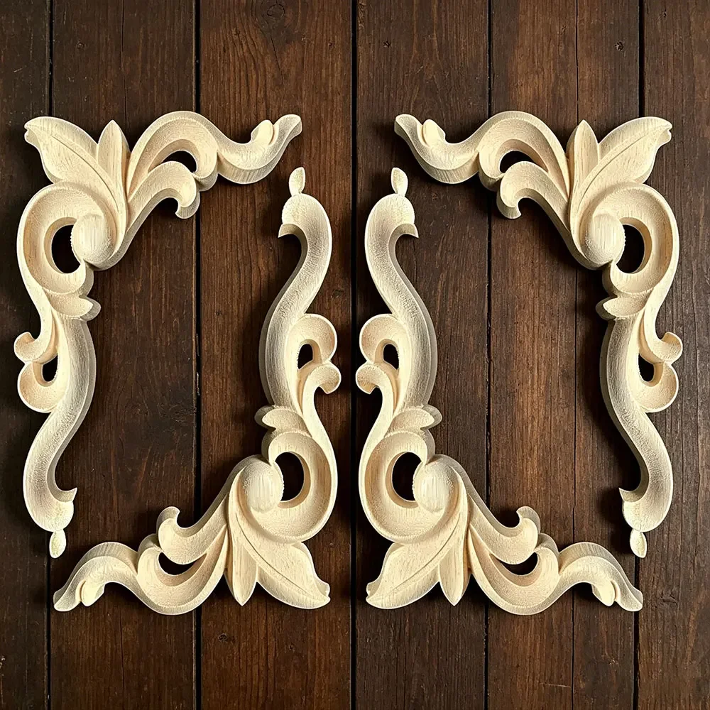 4PCS 15cm 16cm Vintage Wood Carved Decal Corner Onlay Applique Frame Furniture Wall Unpainted for Home Cabinet Door Decor Craft