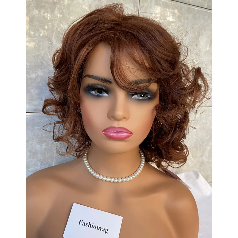 Dark Auburn Short Layered Curly Hairstyle Synthetic Hair Wigs Women Soft Natural
