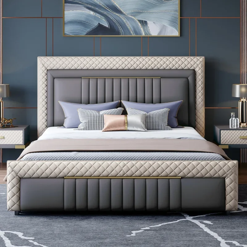 

Hot Sales Light Luxury Real Leather Bedroom Beds With Storage Function Tufted Headrest Headboard Beds
