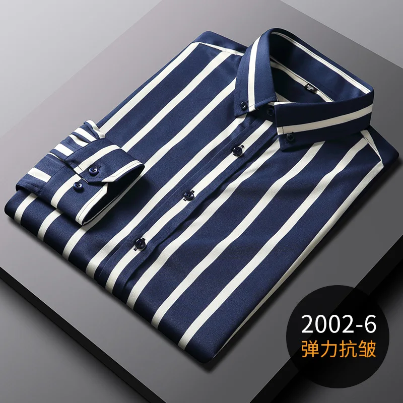 New elastic wrinkle resistant men's long sleeved formal shirt, high-quality men's slim fit social business striped men clothing