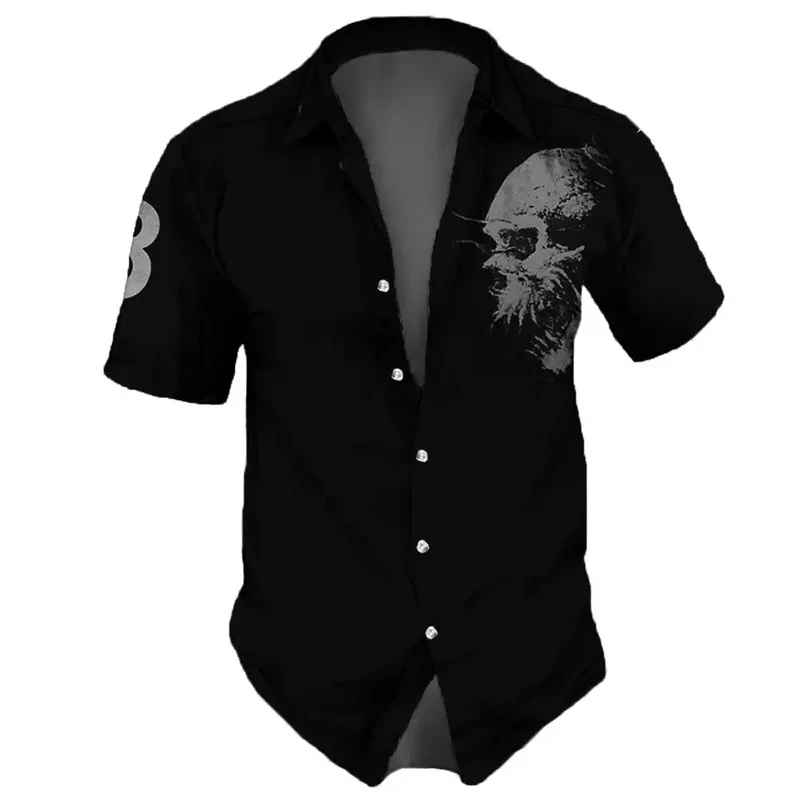 Summer Men\'s Lapel Button Down Shirt Skull Print Pattern Shirt Hawaii Short Sleeve Clothing Men\'s Personalized Shirt Innerwear