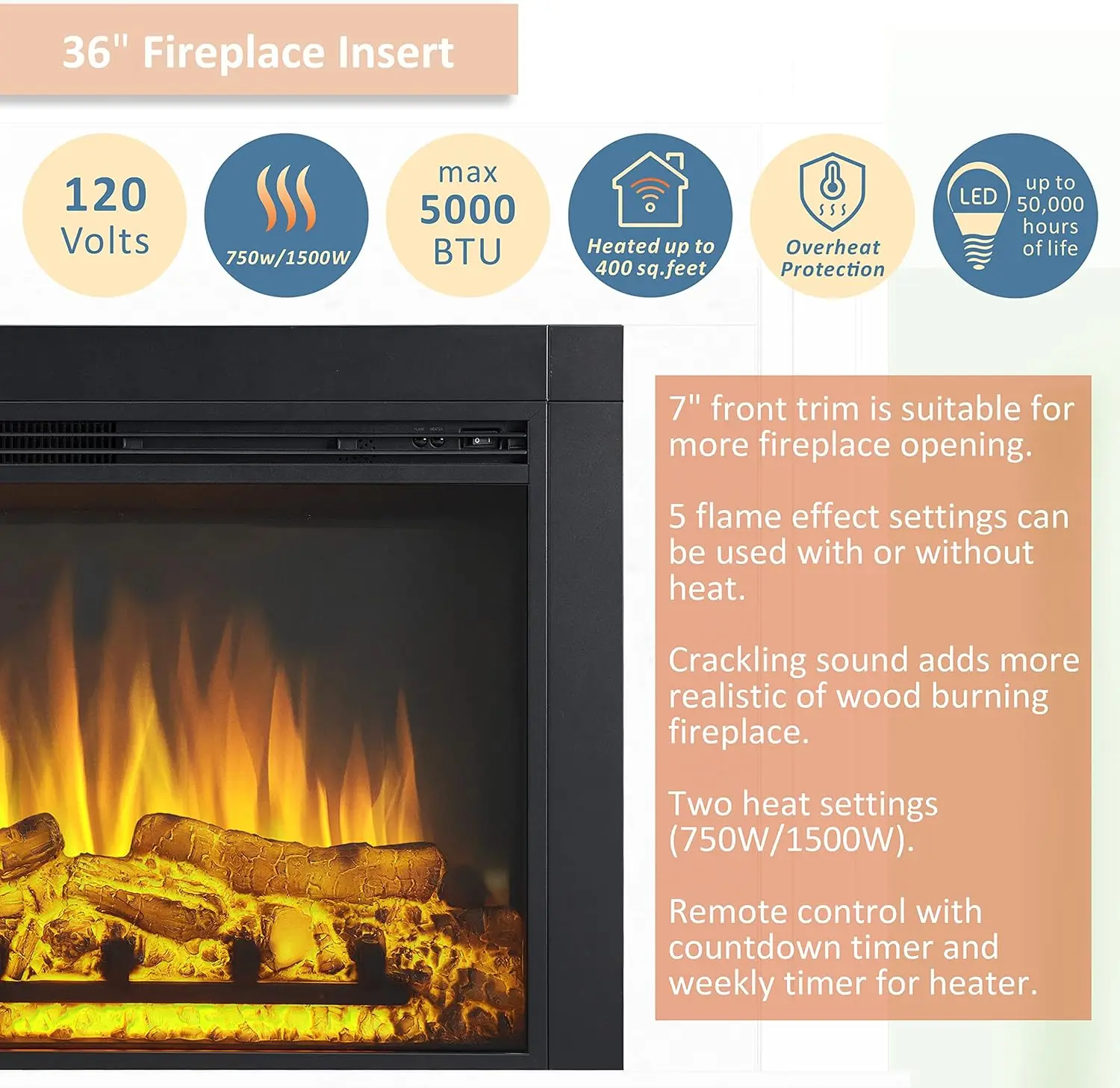 36" W x 26" H (EF443) Electric Fireplace Insert with Front Trim Kit, Fire Crackling Sound, 750W/1500W Heater, Remote Control