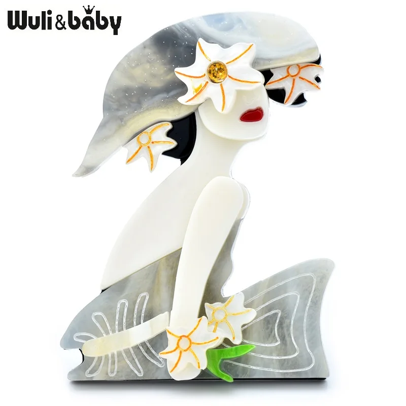 Wuli&baby Acrylic Modern Lady Brooches For Women 2-color Wear Flower-hat Dress Beautiful Girl Figure Party Office Brooch Pins