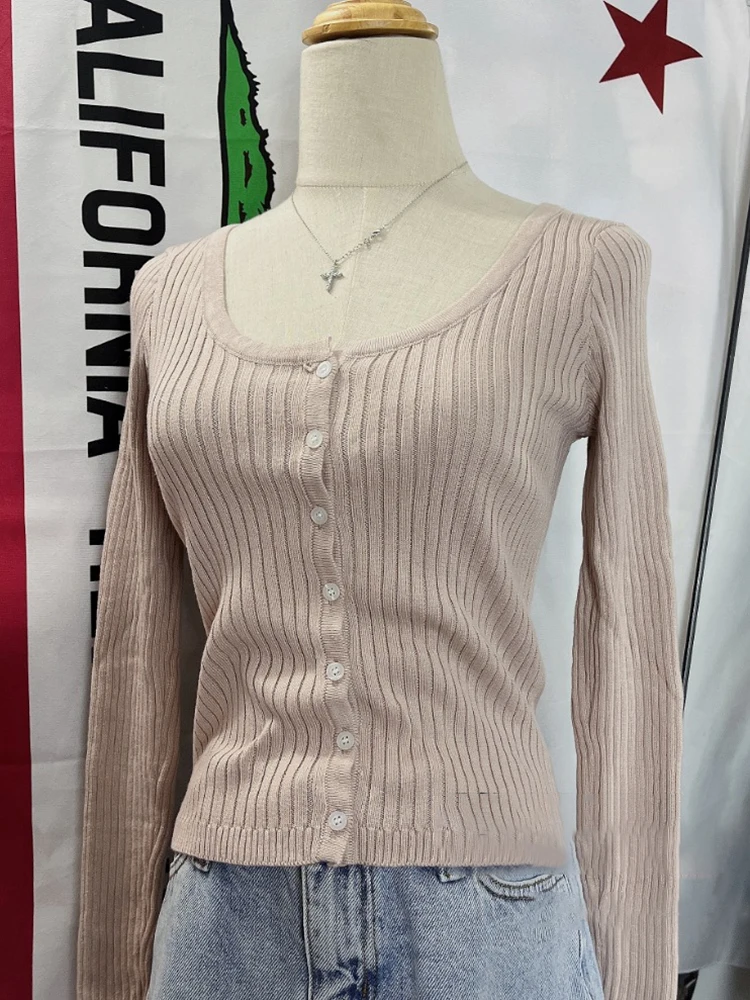 

Sweet Ribbed Knitted Slim Long Sleeve T Shirt Women Sexy Square Collar Cotton Button Cardigan Vintage Simple Solid Tees Top Y2k