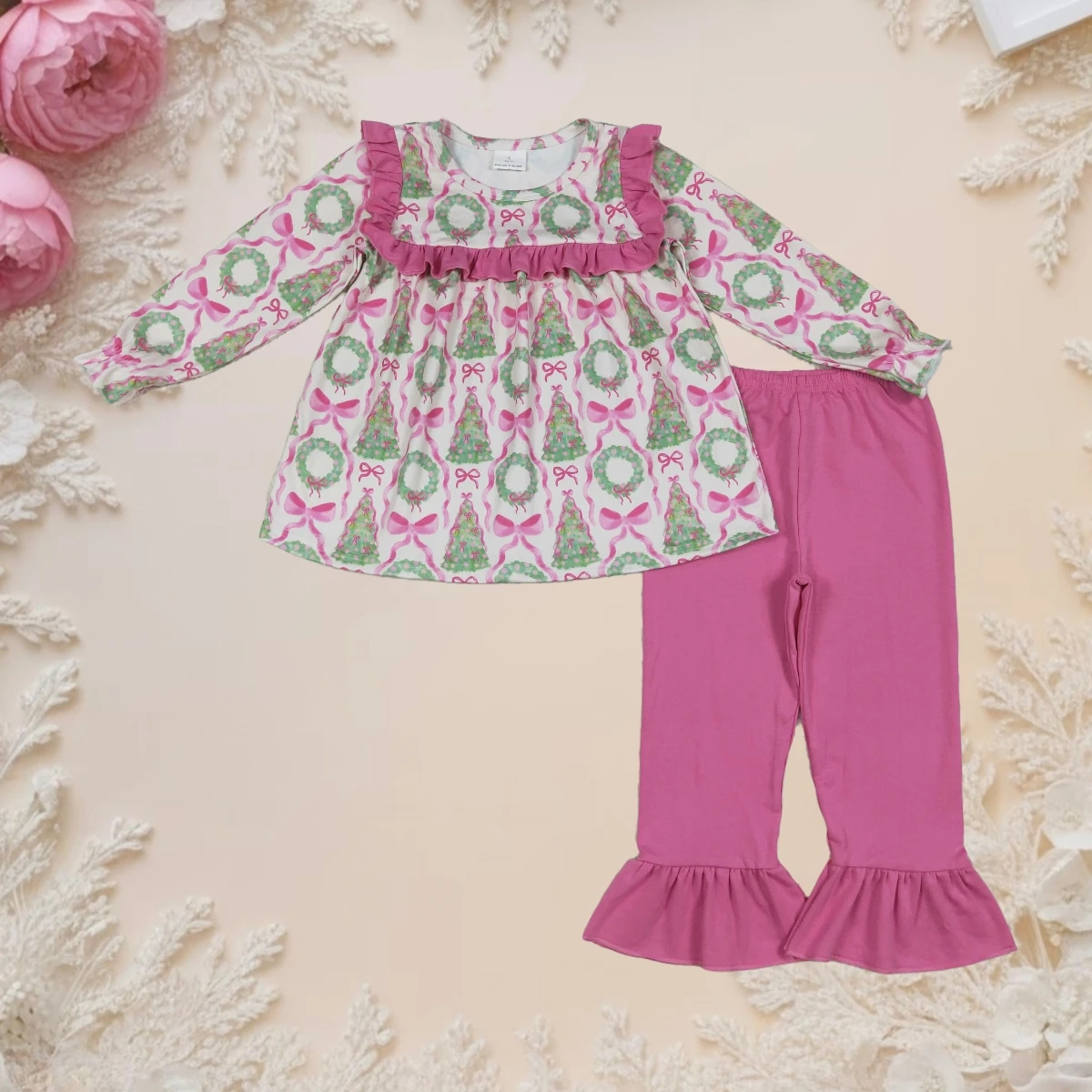 

Baby Girl Clothes Toddler Kids Fall Winter Sets Christmas Trees Bows Long Sleeve Tunic Tops Pink Ruffle Pants Outfits Clothing