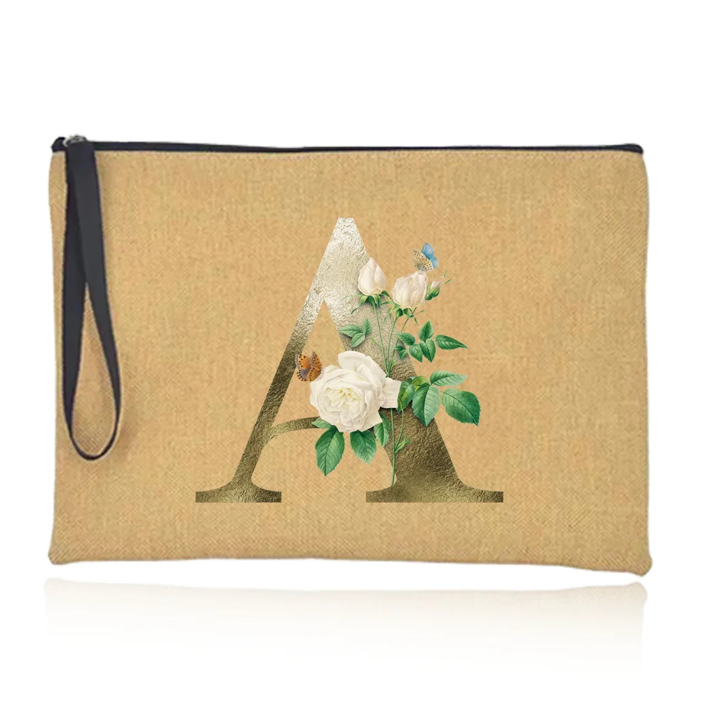 Borsa per il trucco da donna custodia per cosmetici portatile borse per la conservazione degli elementi essenziali da viaggio Organizer per borse serie di stampa di fiori dorati