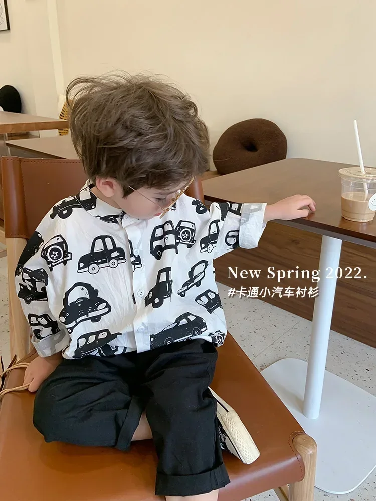 

Children's Cotton Small Class Cartoon Shirt 2024Spring New Top Children Korean Style Car Printed Shirt Fashion