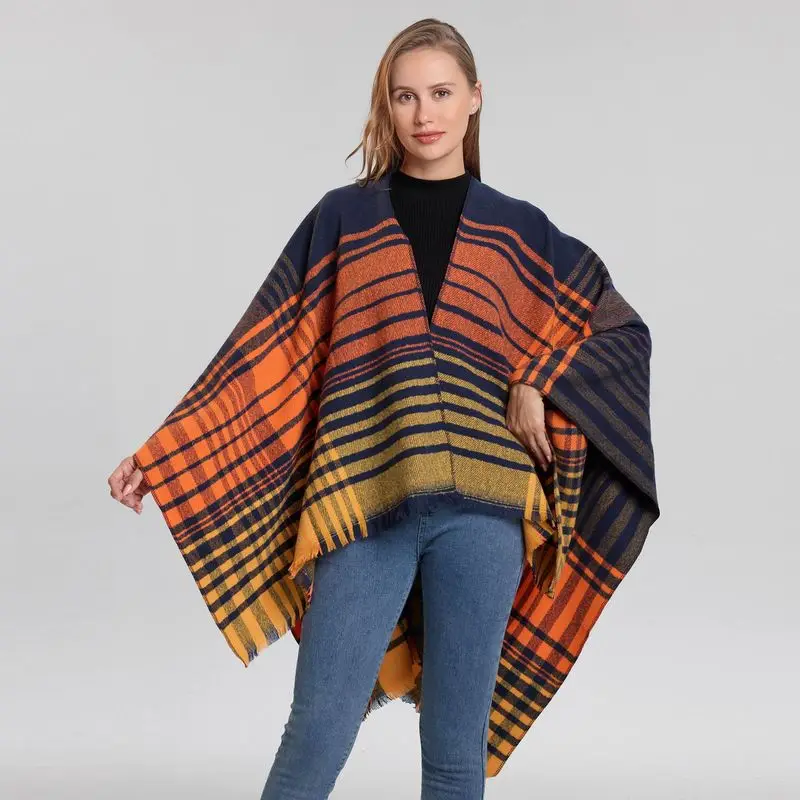 Women's thickened warm scarf cape with line plaid and slit design