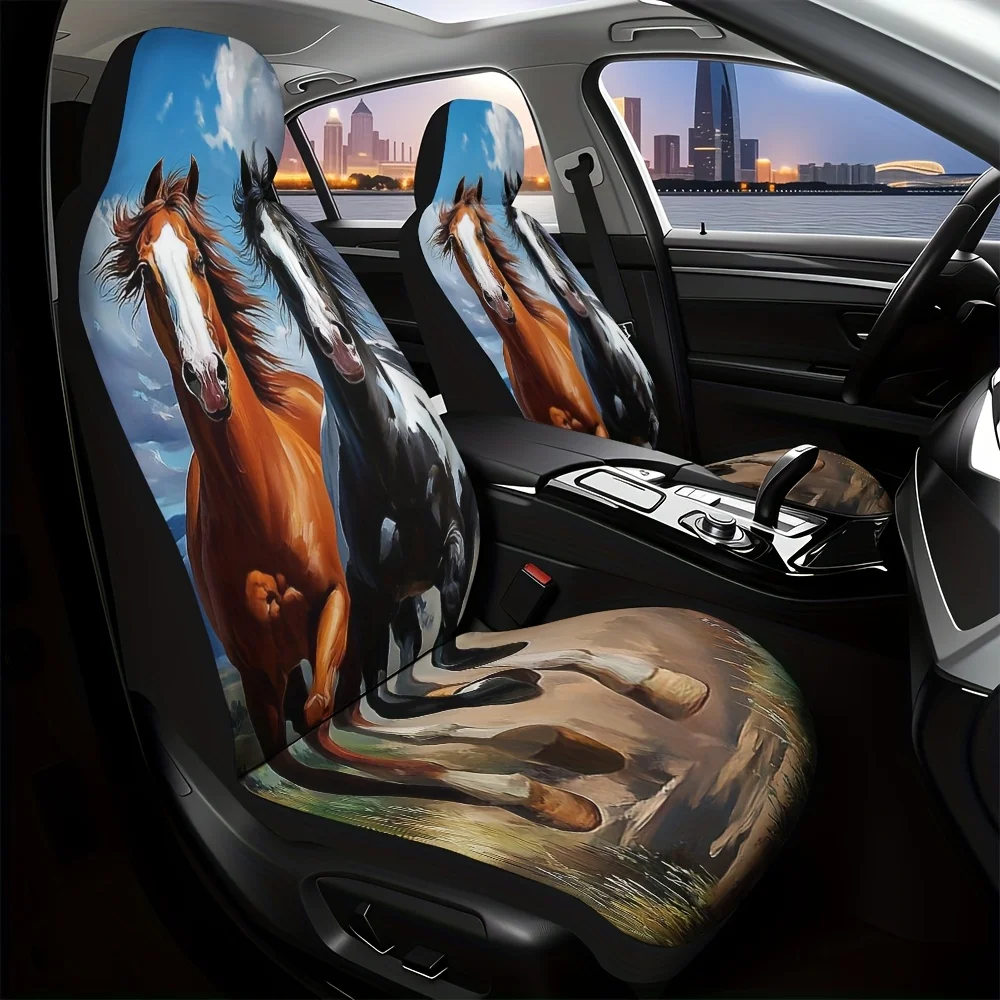 Set Of 2, Stylish Galloping Horses Design Car Seat Covers, Sturdy And Cozy, Fits Most Sedan And SUV Front Seats, Ideal For Holid