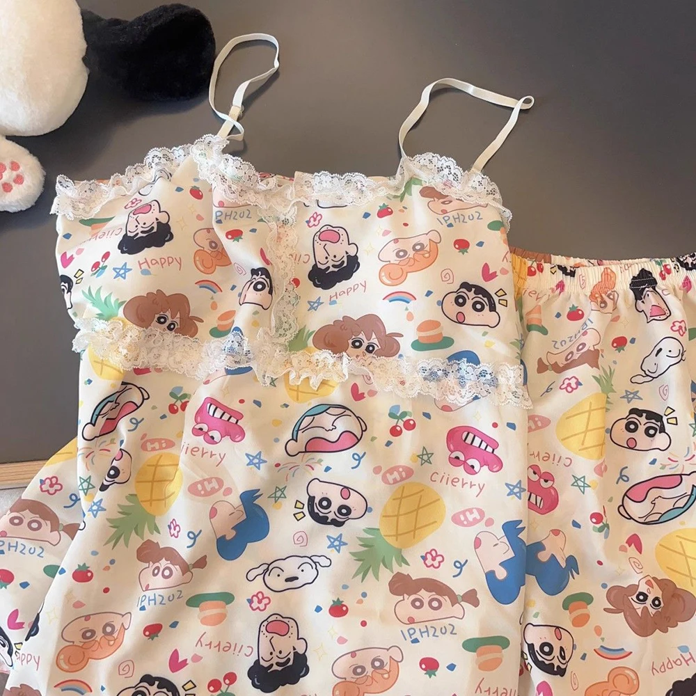 Anime Hello Kitty Crayon Shin-Chan Summer Sling Pajamas with Chest Pads Cartoon Girl\'s Heart Casual Comfort Home Pajama Set