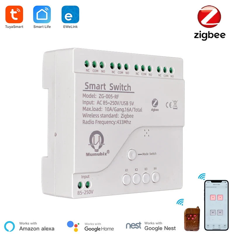 Tuya Smart Zigbee 220V Switch 4 Channel With Ding Rail Housing Work with ewelink Alexa Compatible Zigbee inching switch