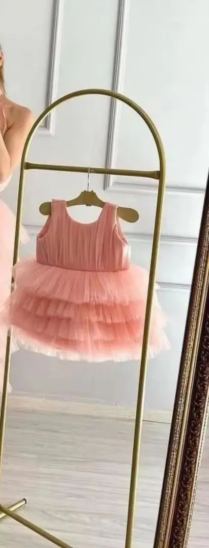 Flower Girl Dress Multi Layer Tier Tulle Sleeveless Short Dress Pink Kids For Banquet Baby Shower Wedding Guest EventsCustomized