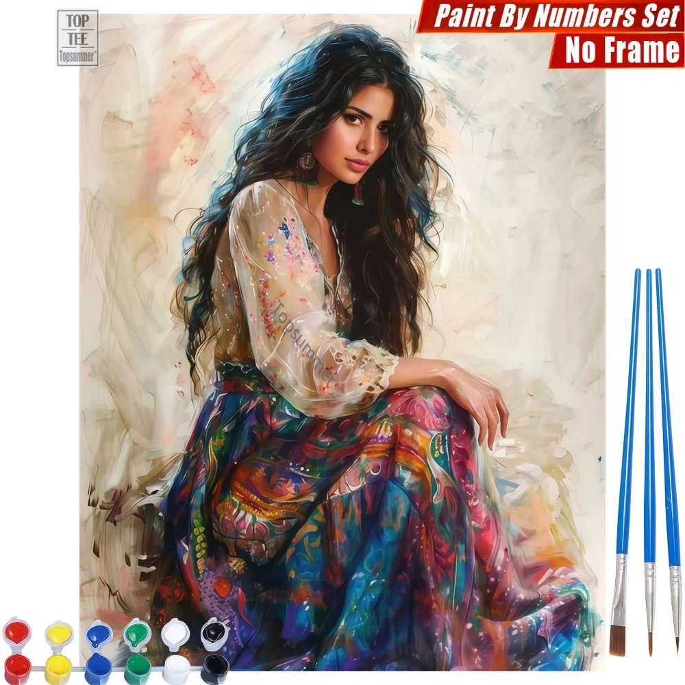 

Набор для рисования маслом по холсту «Женщина в этнической одежде» - Картина с длинноволосой женщиной, подарок на День мертвых для мужа