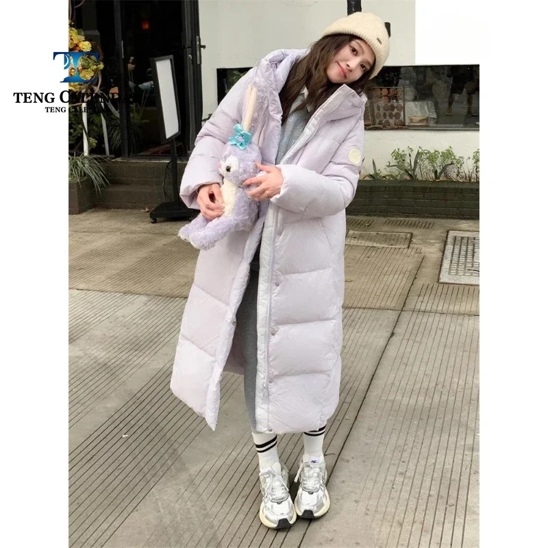 Long Down Jacket with Knee High Hood for Women, Thick and Warm Loose Duck Down Jacket, Korean Style, Fashionable, New Style, 202