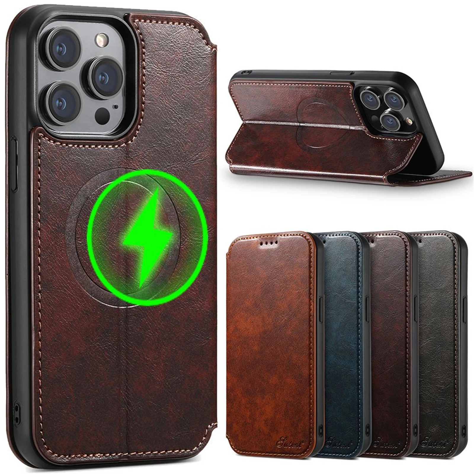 Slim Fit Premium Leather Wallet Case For iPhone 17 Pro Max 14 12 13 15 16 Pro Max 15 Plus Magnetic Wireless Charging Flip Cover