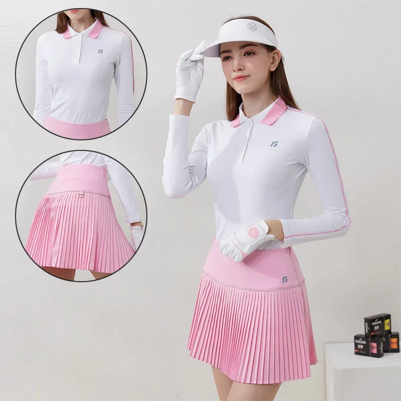 Azureway Women Elastic Long Sleeve Golf Shirt Breathable Anti-sweat Tops Ladies High-waist Slim Skirt Pleated A-line Sport Skort