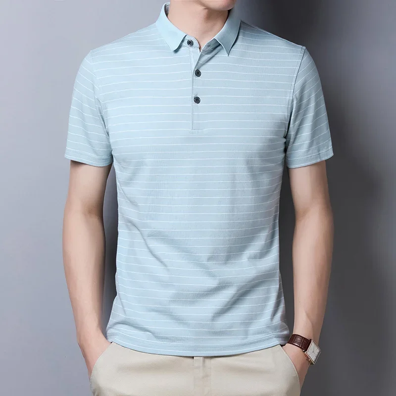 2024 Brand Summer Men Polo Shirt New Turn-Down Short Sleeved Oversized Shirt Male Cotton Striped Business Casual Men Clothing