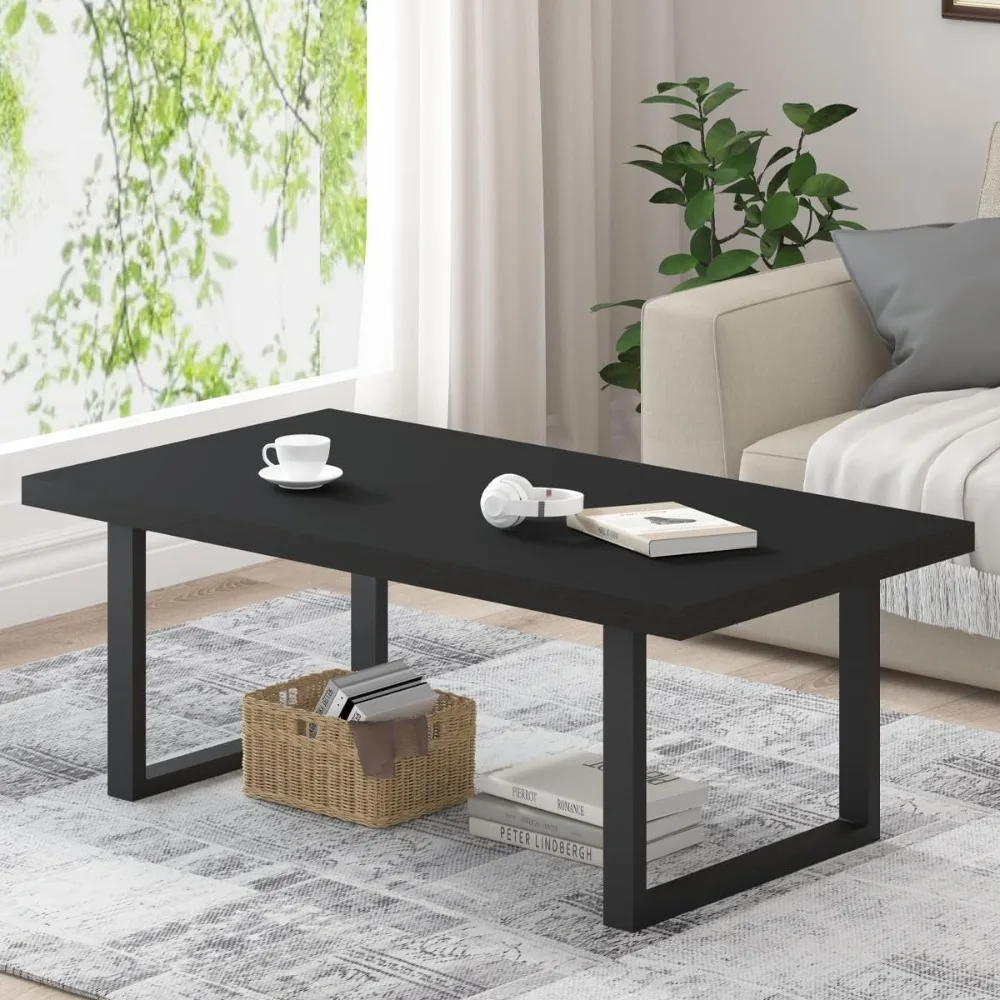 

Modern Industrial Black Coffee Table Minimalist Wood Metal Cocktail Table Rectangle Farmhouse Living Room Table Home Office