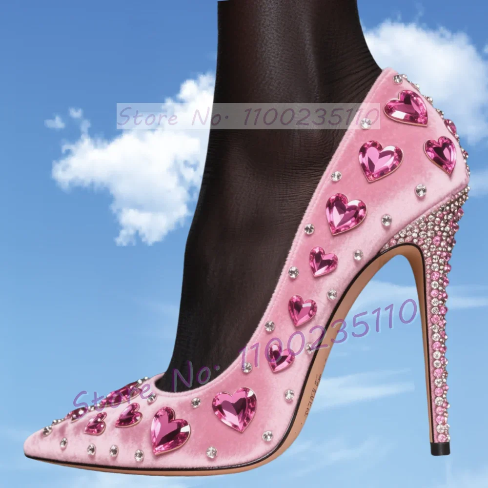 

Pink Heart Crystals Luxury Pumps Women Sweet Pointed Toe Stiletto Satin Shoes Feminine Party Big Size Custom Evening Dress Shoes