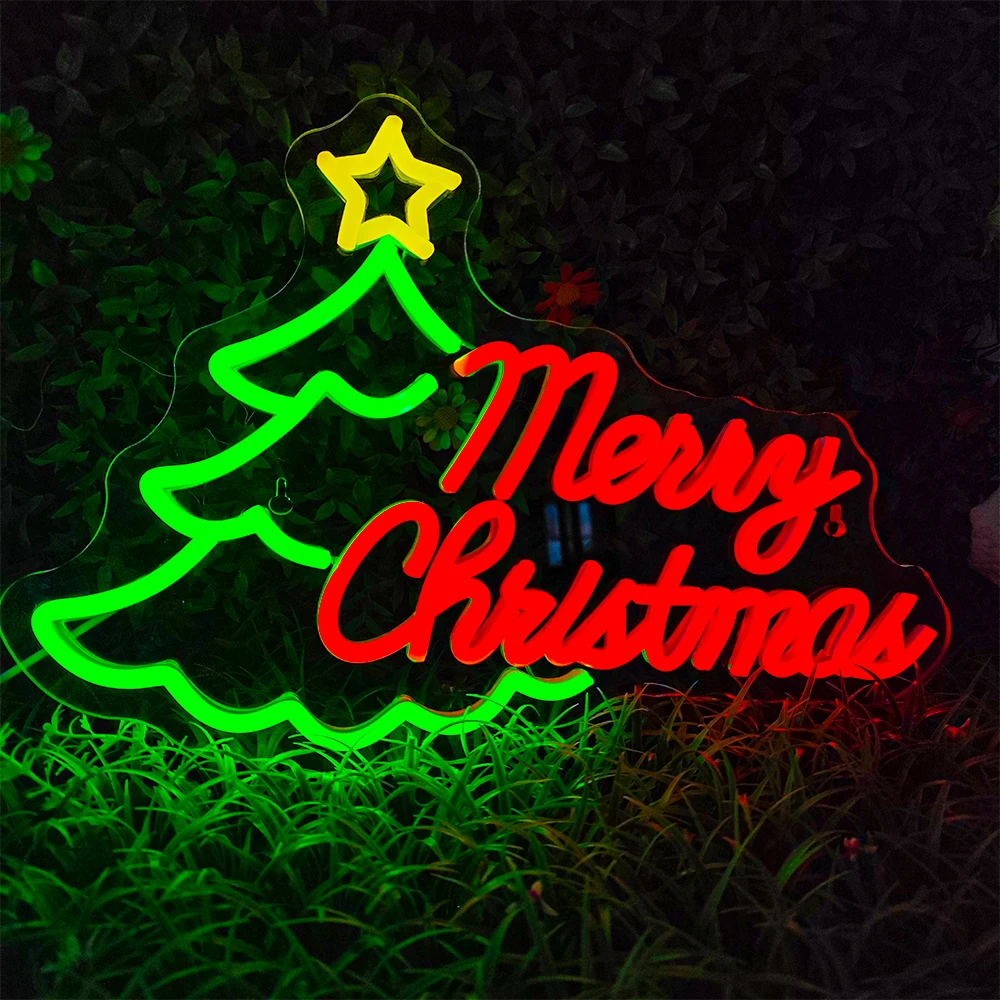 Buon natale lettera insegna al Neon luci a Led albero di natale decorazione della stanza segni d'arte dimmerabili per la casa camera da letto Party Bar Club Lamp