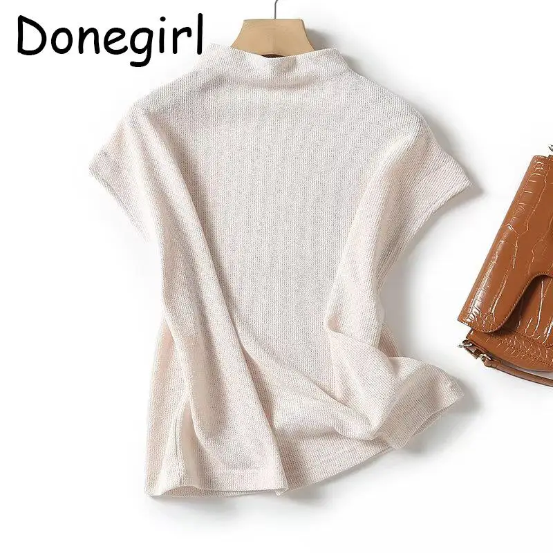 Donegirl 2023 New Women Spring Summer Short Sleeve High Collar Solid Simple Versatile Basic T-shirt Temperament Tops Female Chic