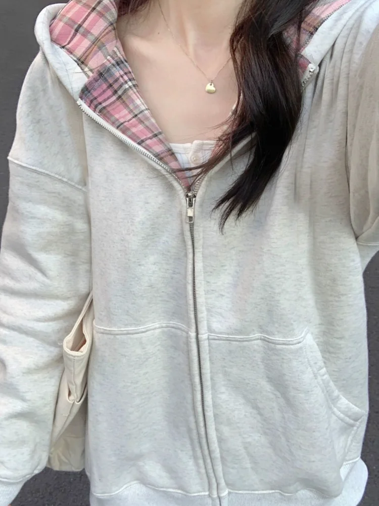 Retro American Plaid Splicing Hoodie Women's Loose Lazy Style Oversize Jacket Spring Autumn New Style Long Sleeve Zipper Closure
