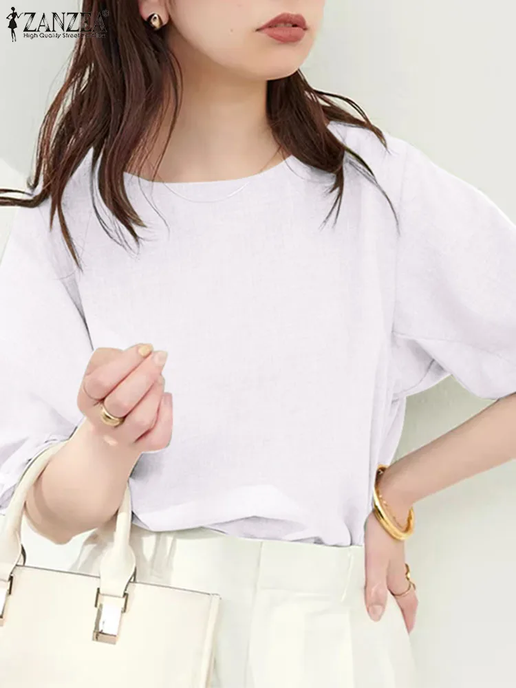 ZANZEA Korean Women Summer Blouse Vintage Solid Office Party Tops 2024 Elegant Puff Half Sleeve Shirt Casual Simple Blusas Femme