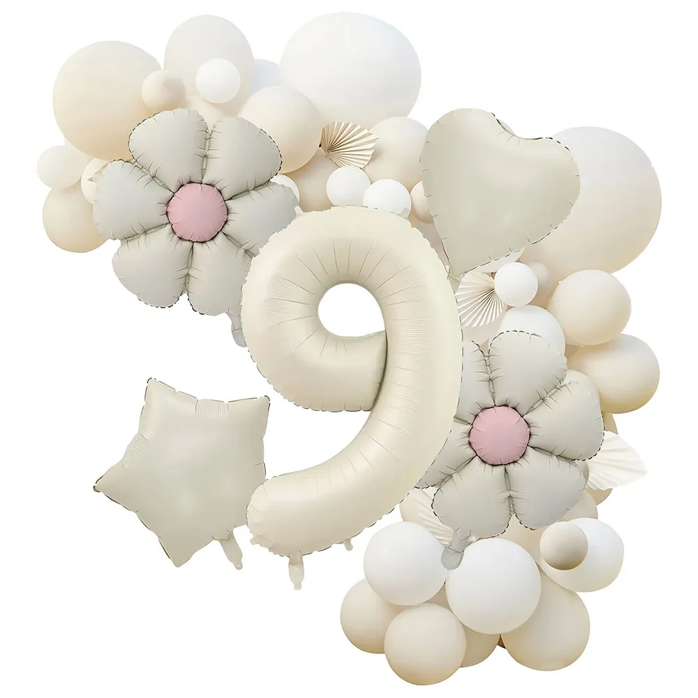 1 Set Matte Gänseblümchen-Ballons 40 Zoll Creme-Farbene Zahlen, Sterne und Herzen Happy Birthday Folienballons für Geburtstagsfeiern und Hochzeitsdekoration