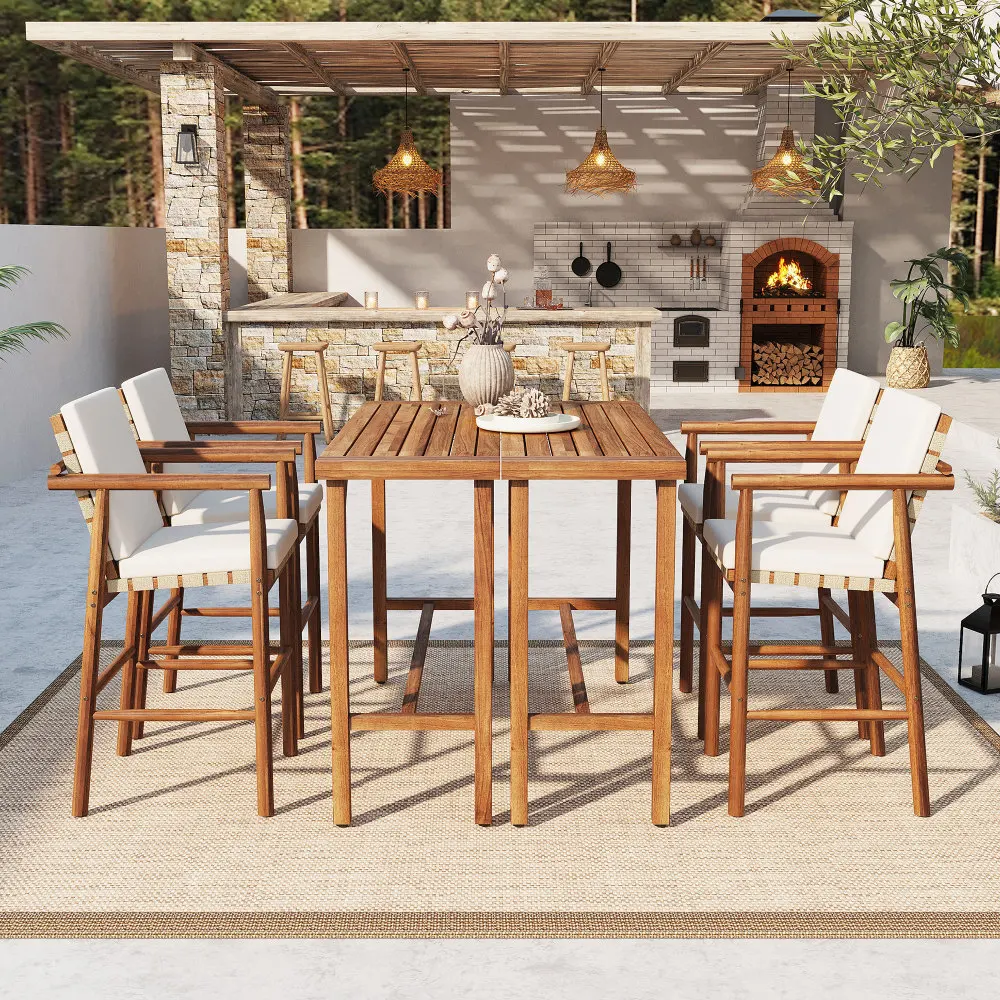 

6-Piece Outdoor Bar Set:2 Acacia Wood Tables &4 Beige Cushioned Stools (Backyard/Poolside)