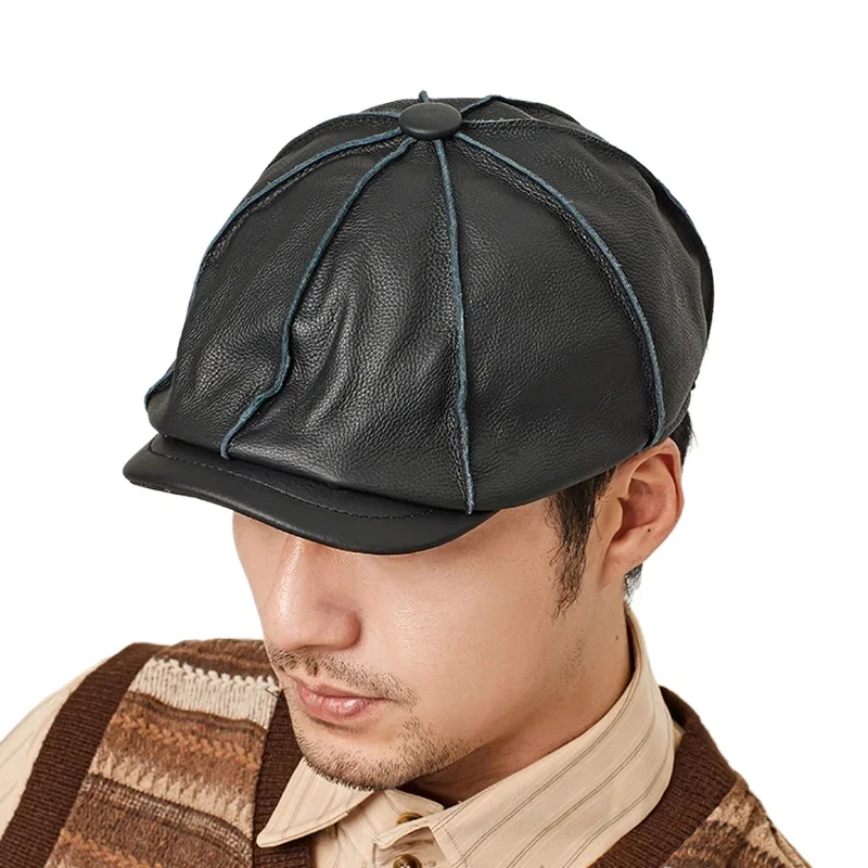 Casquette Genuine Leather Beret Hat Winter Men's Cowhide Leather Elegant Fashion Student Tongue Cap Snapback Caps For Driver