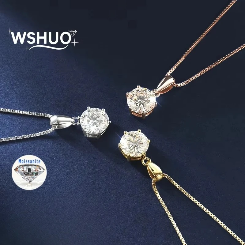 

WSHUO 0.5-10CT Circular Cut D Color Full Moissanite Necklace 100% 925 Sterling Silver Jewelry women's necklace GRA Certified