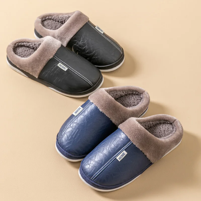 Men's Winter PU Leather Waterproof Closed-Toe Warm Slippers, Slip-on Thick Plush Lining, Non-Slip Soft Sole, Cozy House Shoes