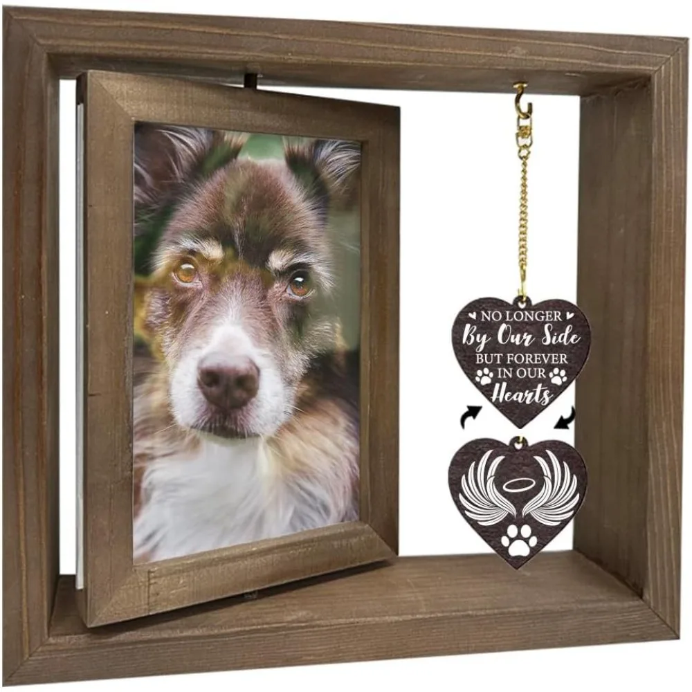 1 Pc Wood Rotating Picture Frame Dark Brown Forever in Our Hearts Memorial Pet Loss Photo Frame with Heart Charms Double Sided