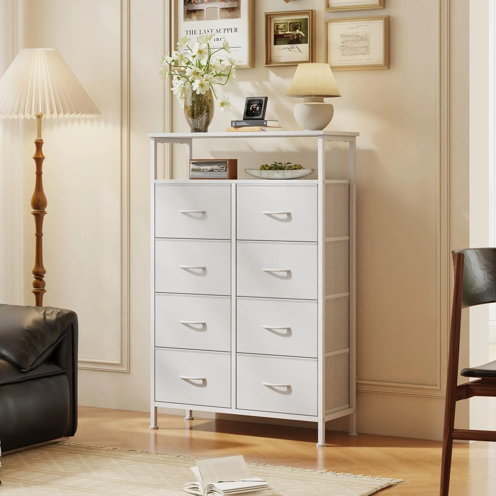 

JHK 8 Fabric Drawers Cabinet For Living Room Wooden Top TV Stand with Charging Station Raised Shelf Storage Display Furniture