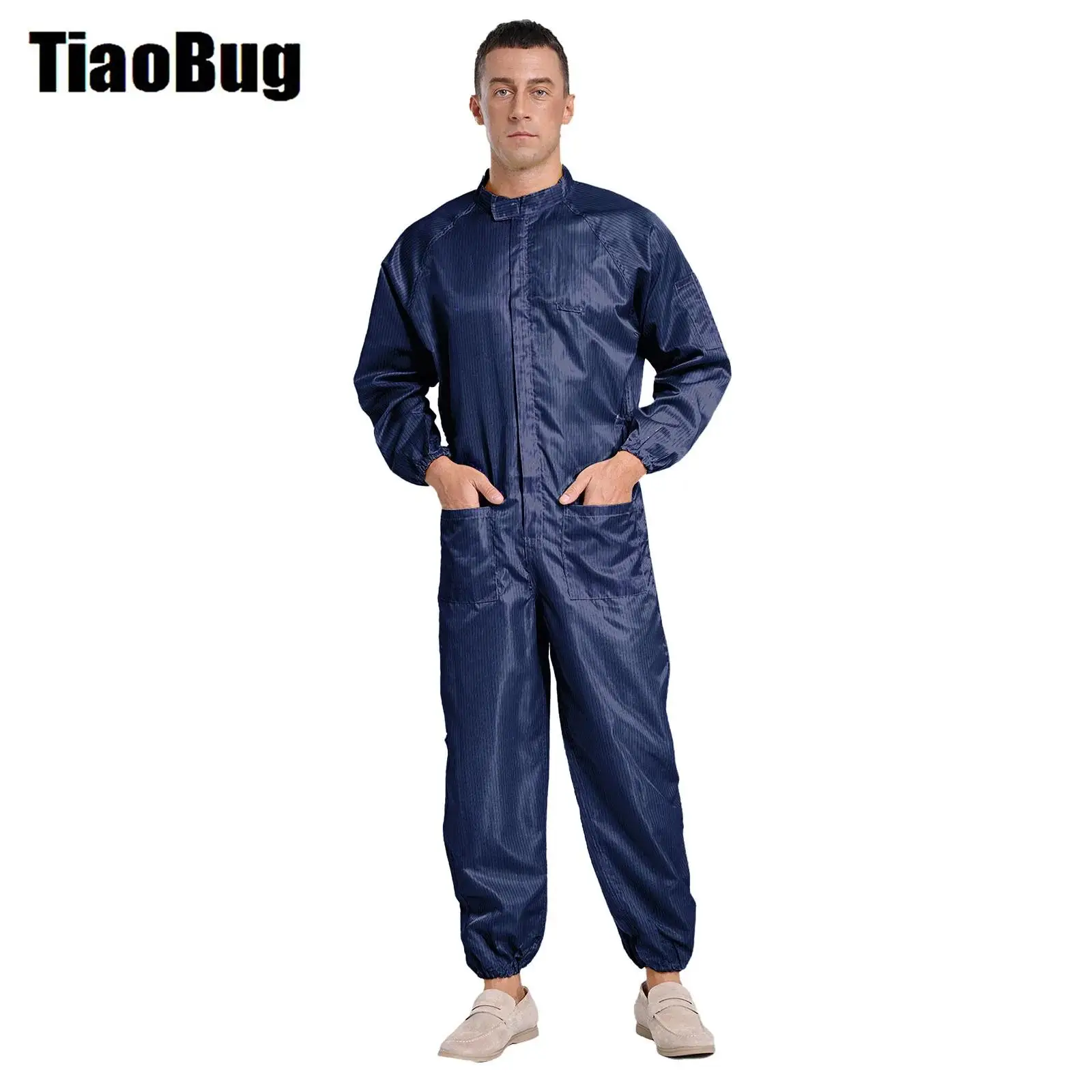 Mens Anti-static Coveralls Dustproof Uniform Stand Collar Front Zip Full-body Overalls One Piece Uniform for Workshop Worker