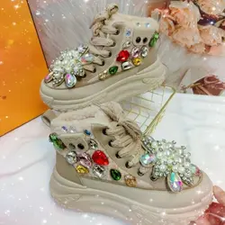 Winter Boots for Women Super Warm Size 35-40 Mid-Calf Motorcycle Boots Warm Plush Platform Shoes Thick Sole Handmade Diamond