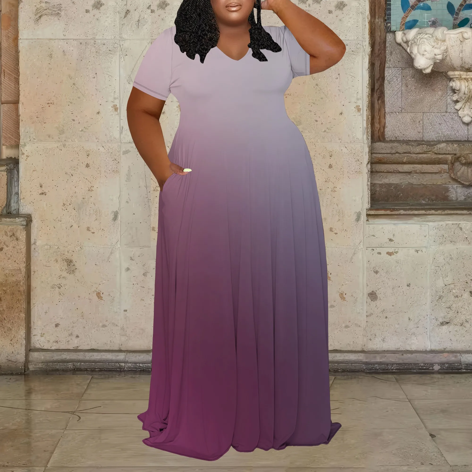 

Plus Size Maxi Dress for Women Summer Casual V Neck Short Sleeve Floor Length Sundress A Line Long T Shirt Dress with Pockets