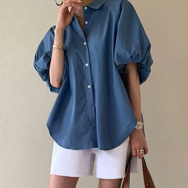 Fashion Blue Short Sleeve Loose Casual Shirt Women Summer Puff Seeve Blouse Women Tops Slim Elegant Vintage Lady Shirts New 8385