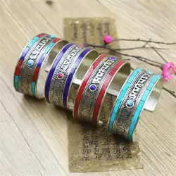 BB-460 Indian Copper Inlay Colorful Stone Bangles Tibetan Mantras Open Cuff OM MANI PAD ME HUM