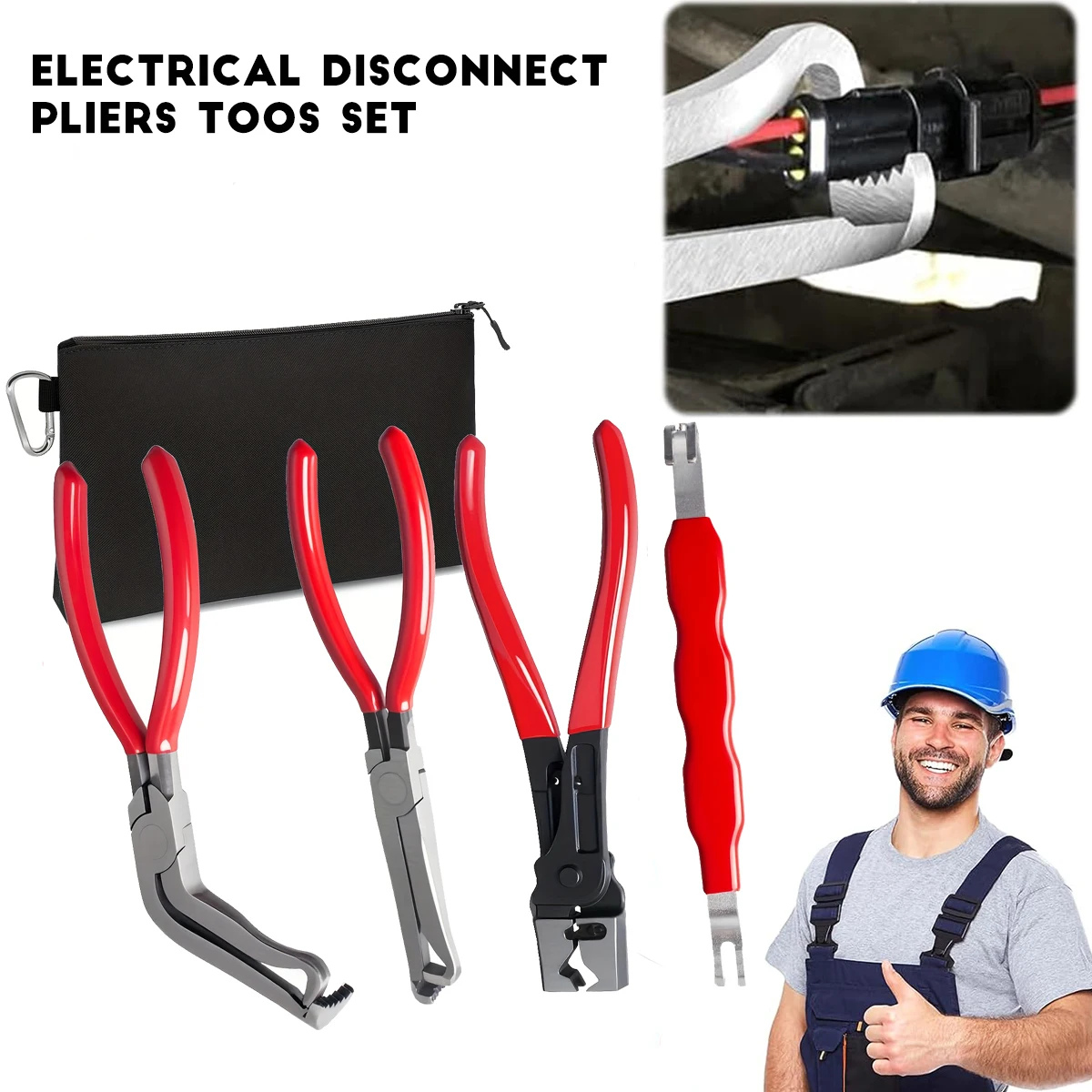 

Набор инструментов для электромонтажных работ: клещи для снятия разъемов, инструмент для снятия электрических штекеров и разъемов, а также клещи для съема хомутов.