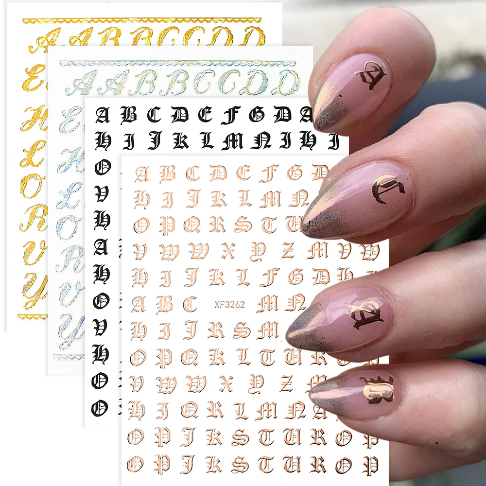 3D English Alphabet Nail Art Stickers Gothic Letter Multicolor Design Self-Adhesive Decals Laser Retro 26 Number Accessories Kit