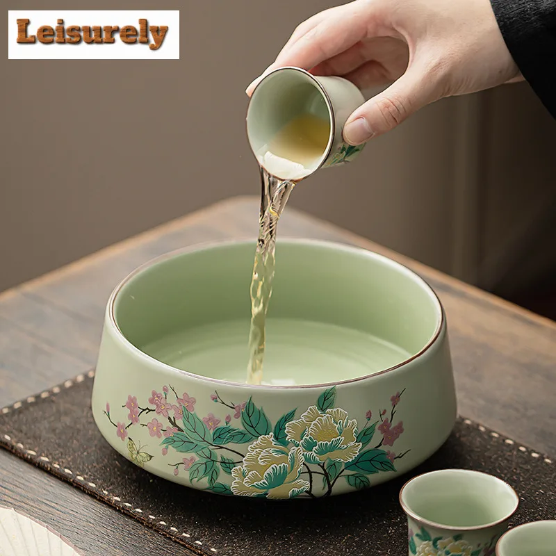 Pea Green Ru Kiln Jianshui Hibiscus Flower Washing Cup Bowl Large Capacity Tea Garbage Can Household Chaxi Cha Supplies Craft