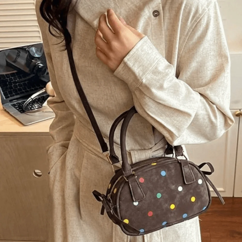 

Bow Knot Decoration Polka Dot Messenger Bag Top Handle PU Leather Handbags Stylish Retro Spacious Shoulder Bag Casual Outings